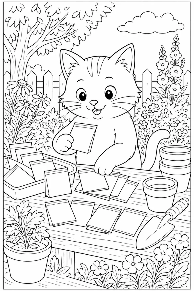 Cat sorting blank seed packets on a garden table coloring page