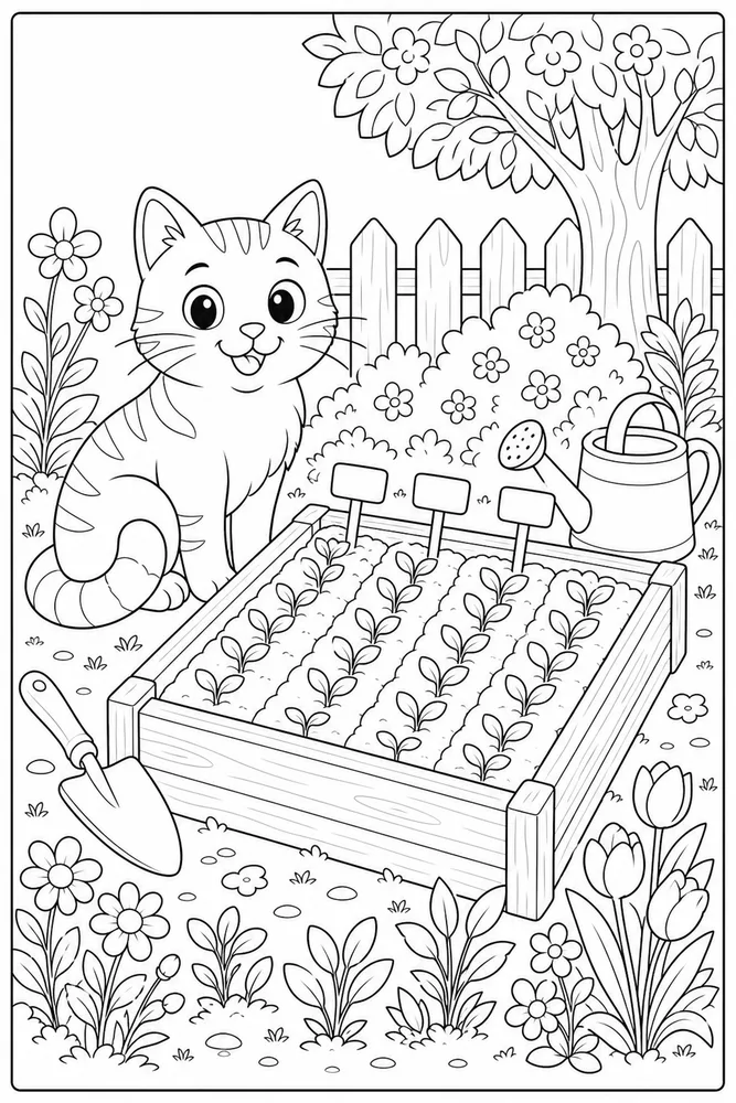 Cat beside neat seedling rows in a garden bed coloring page