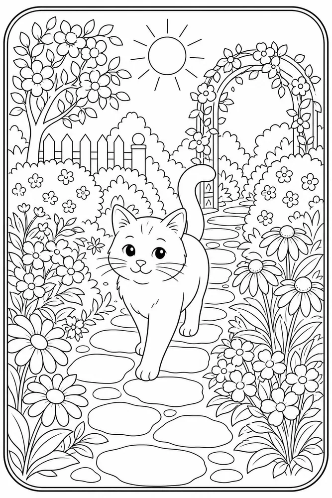 Cat walking along a stone garden path coloring page