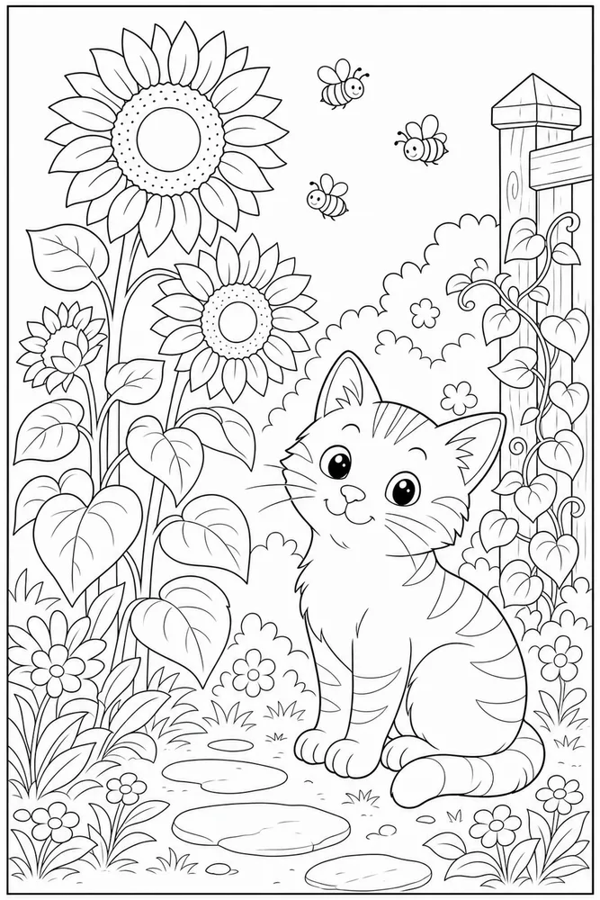 Cat near tall sunflowers in a garden corner coloring page