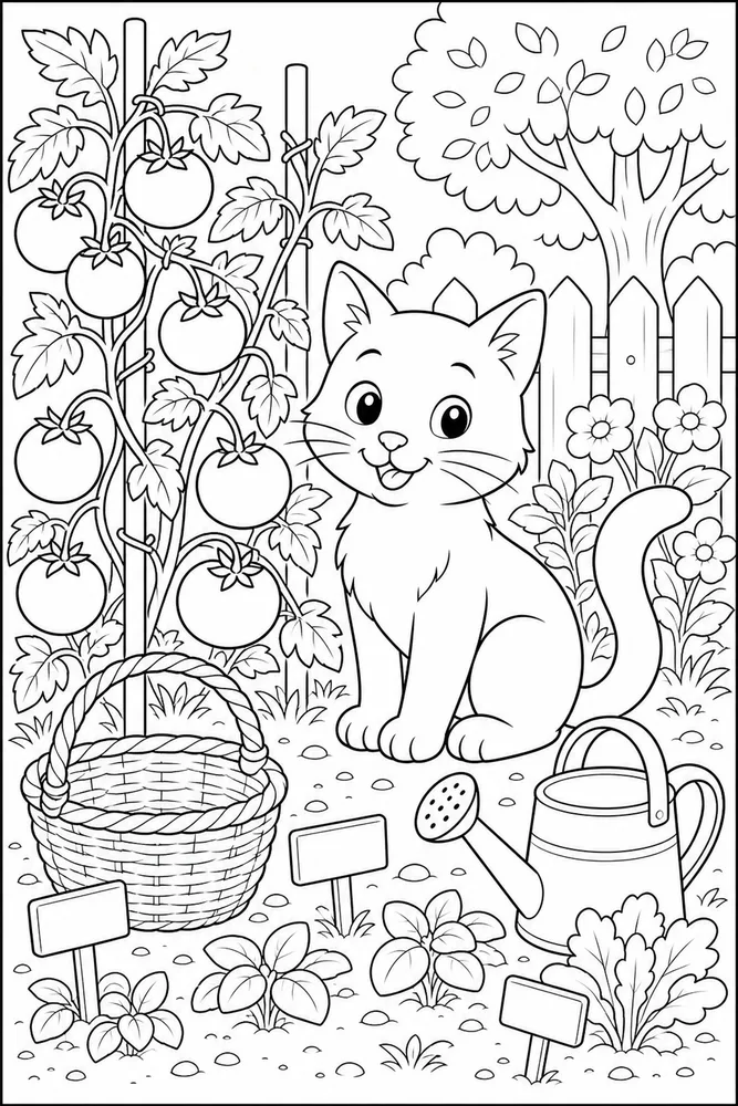 Cat beside tomato vines and garden stakes coloring page