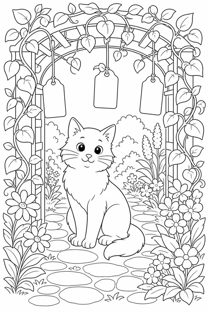 Cat under a garden trellis with climbing vines coloring page