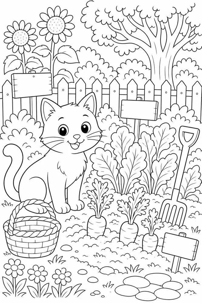Cat beside a vegetable patch with carrots coloring page