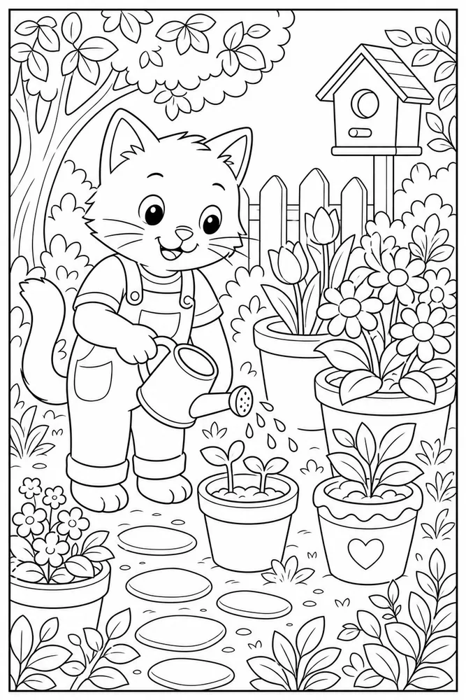 Cat with a watering can near flower pots coloring page