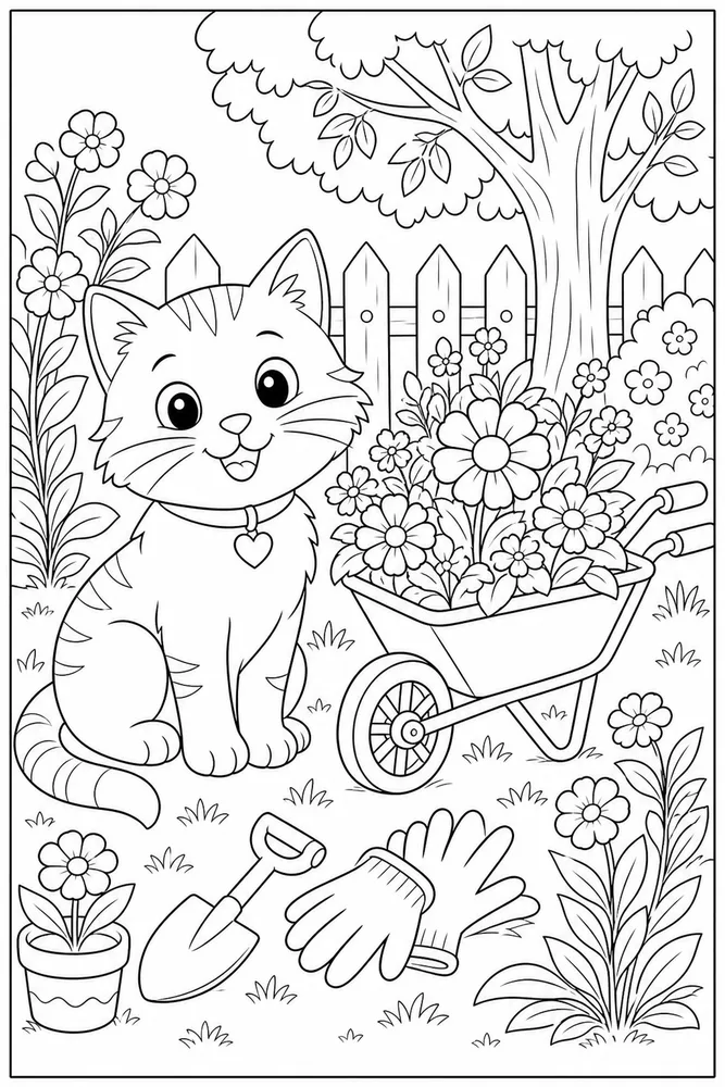 Cat beside a wheelbarrow filled with flowers coloring page
