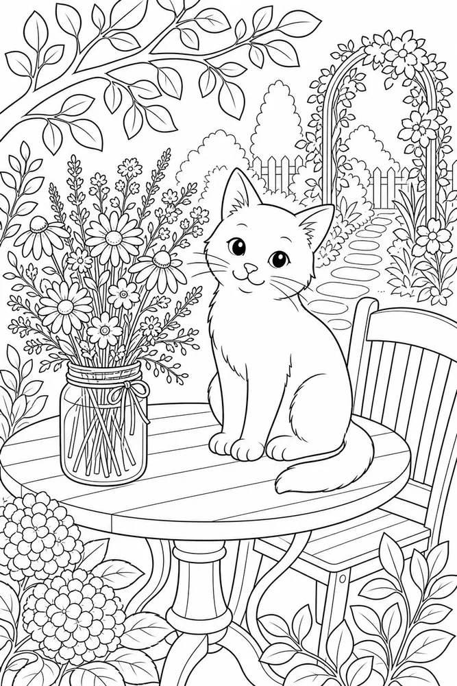 Cat beside a jar of wildflowers on an outdoor table coloring page