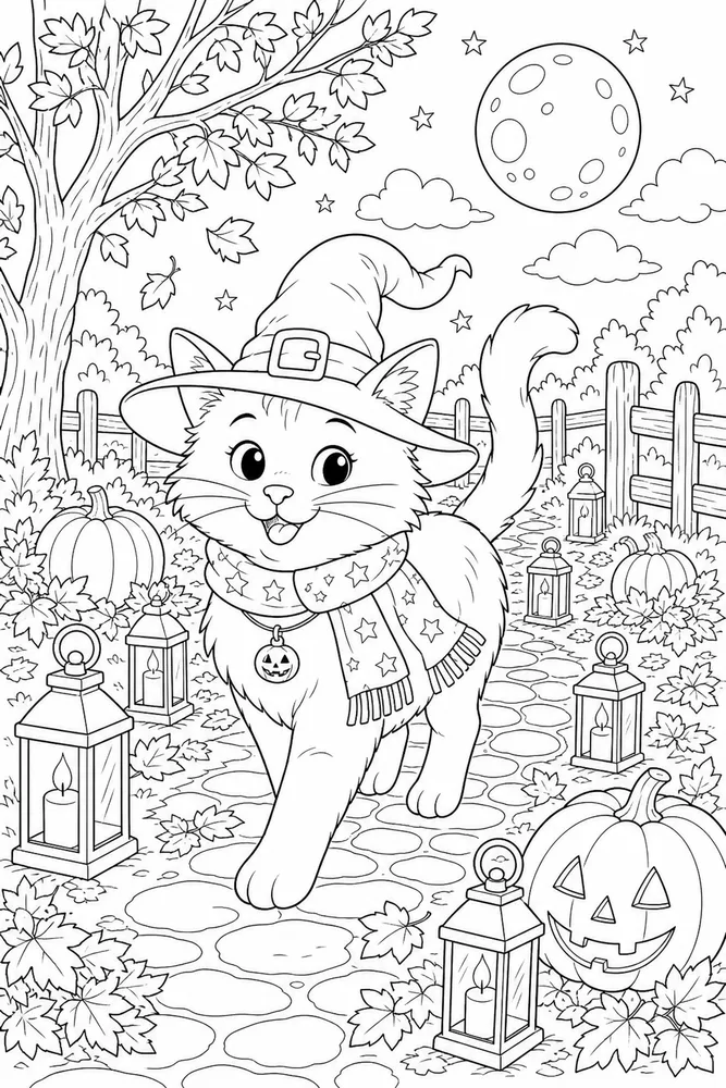 Halloween cat walking on an autumn lantern path coloring page