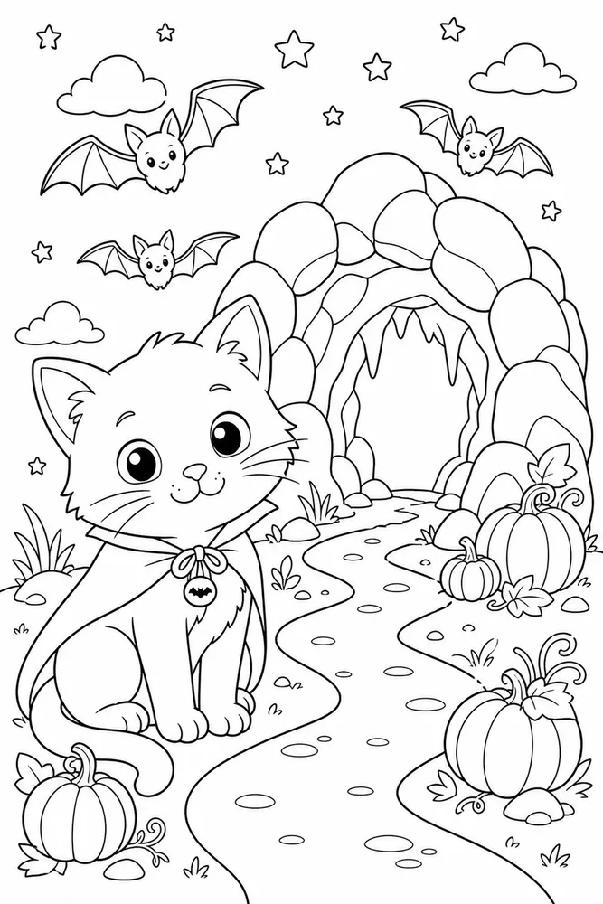 Halloween cat by a friendly bat cave arch coloring page