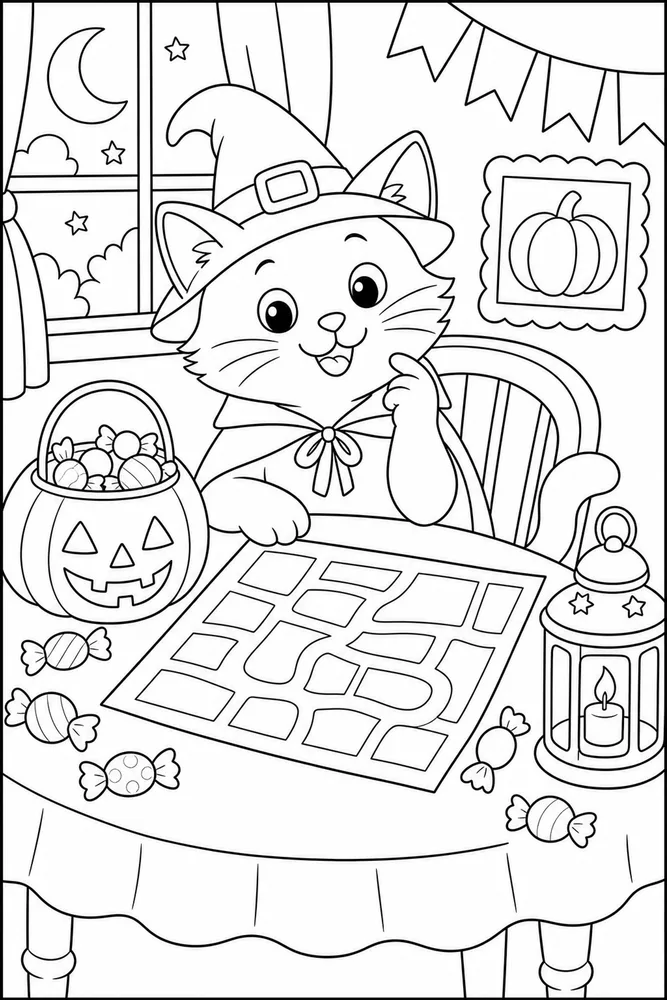 Halloween cat with candy map table coloring page