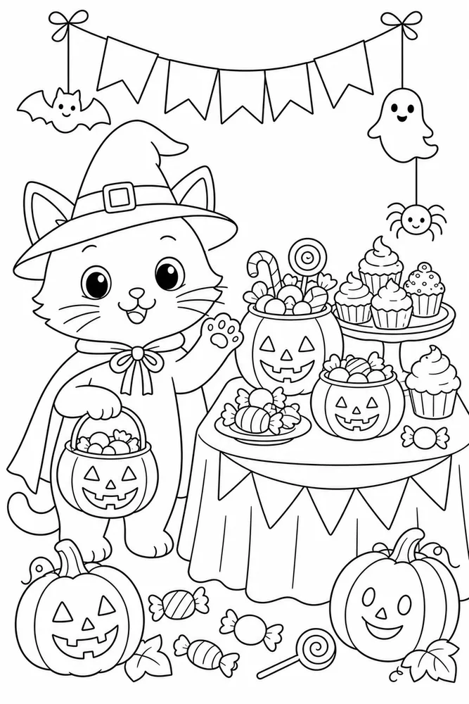 Halloween cat beside a candy table coloring page