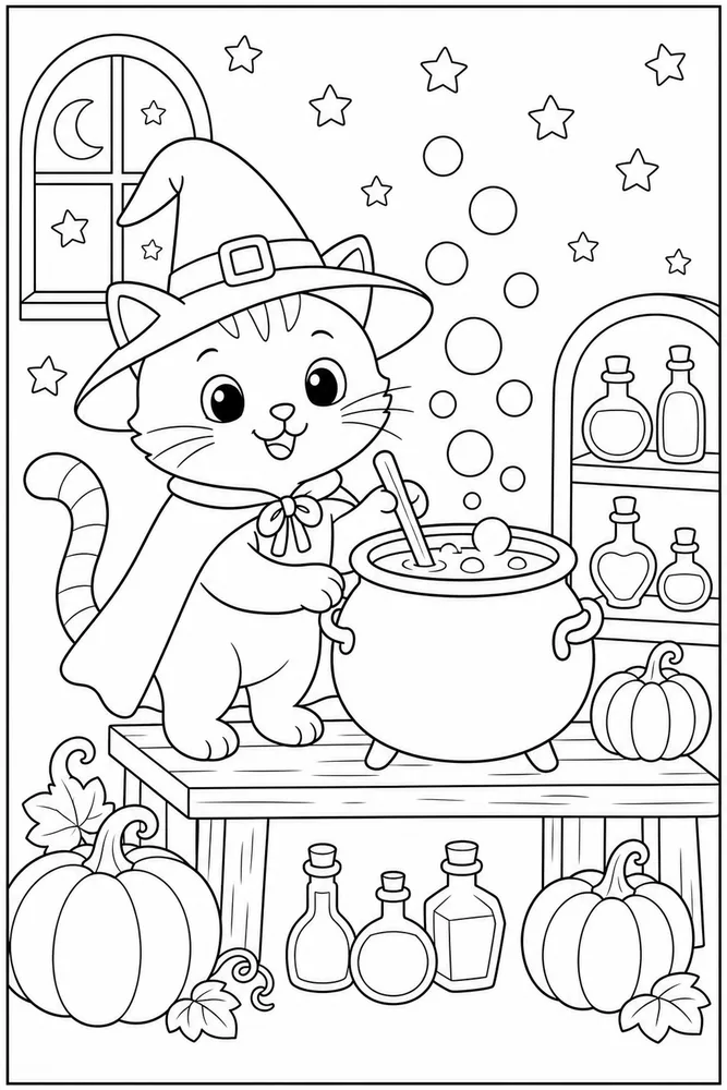 Halloween cat beside a bubbling cauldron coloring page