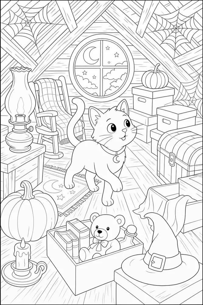 Halloween cat exploring a cobweb attic coloring page