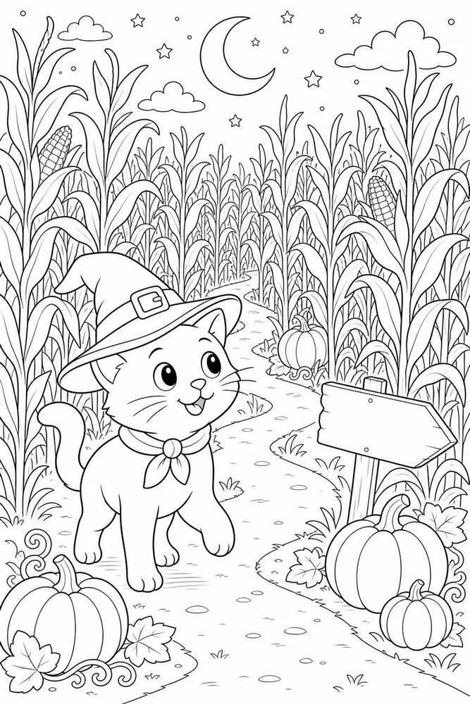 Halloween cat exploring a corn maze coloring page