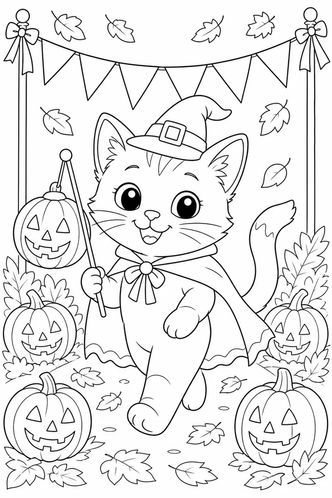 Halloween cat in a costume parade coloring page