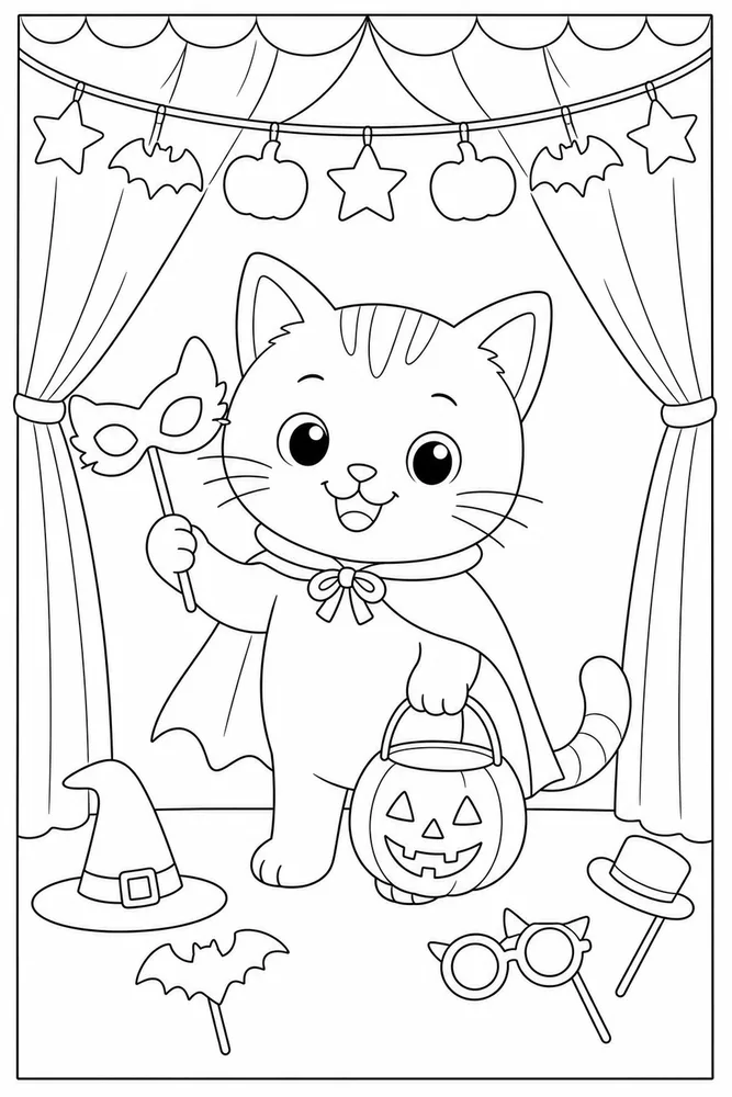 Halloween cat in a costume photo booth coloring page