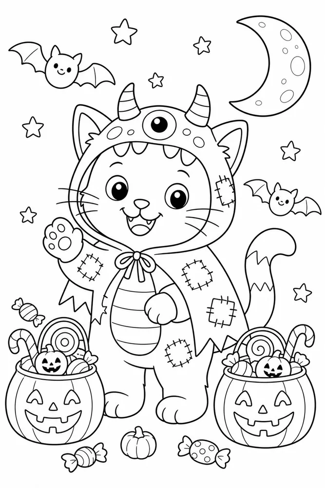Halloween Cat Friendly Monster Costume printable coloring page for kids