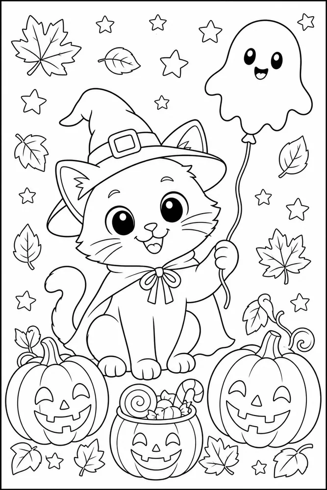 Halloween cat holding a ghost balloon coloring page