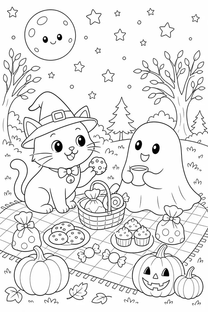 Halloween cat at a friendly ghost picnic coloring page