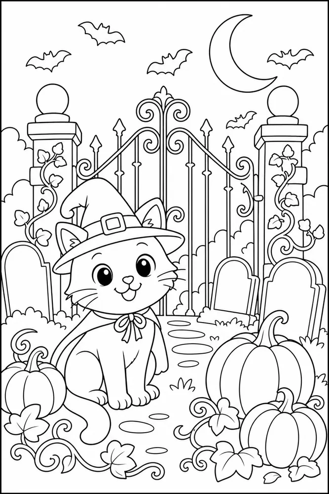 Halloween cat by a graveyard gate coloring page