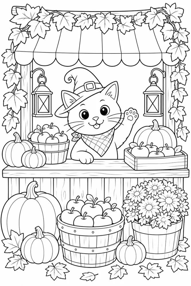 Halloween cat at a harvest market coloring page