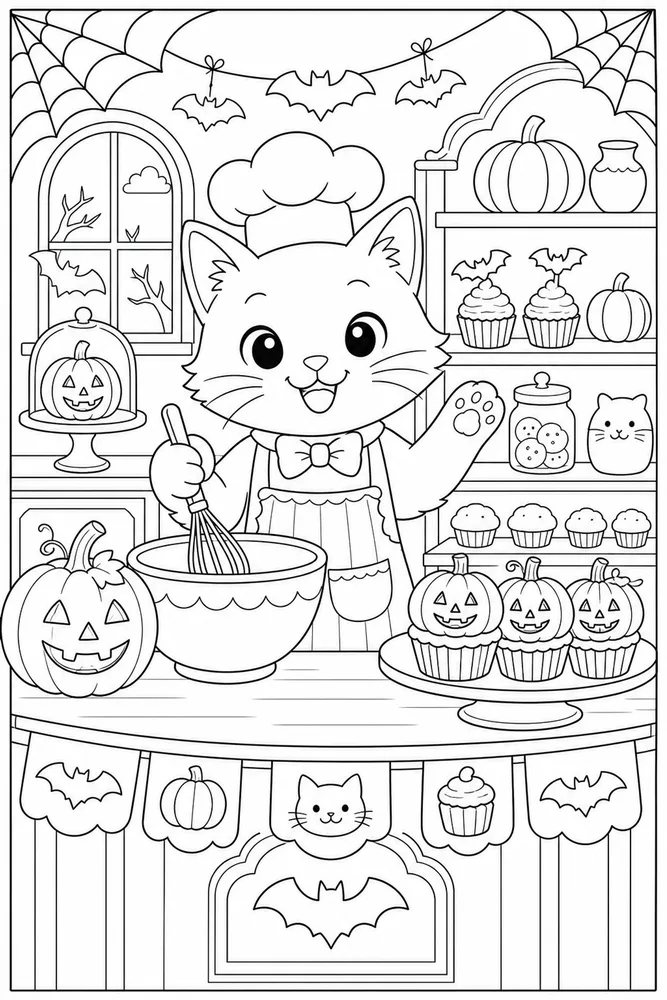 Halloween cat in a haunted bakery coloring page