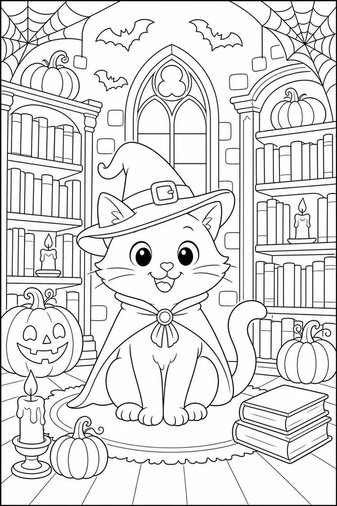 Halloween cat in a haunted library coloring page
