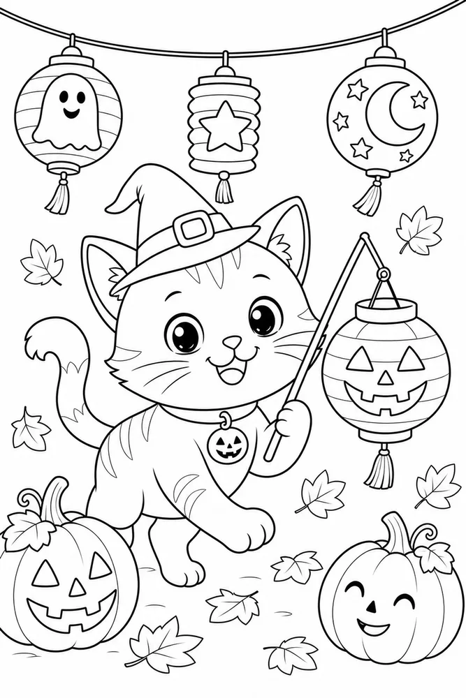Halloween Cat Lantern Parade printable coloring page for kids