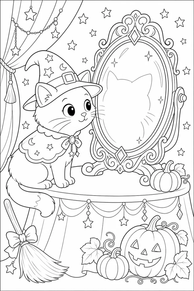 Halloween cat looking into a magic mirror coloring page