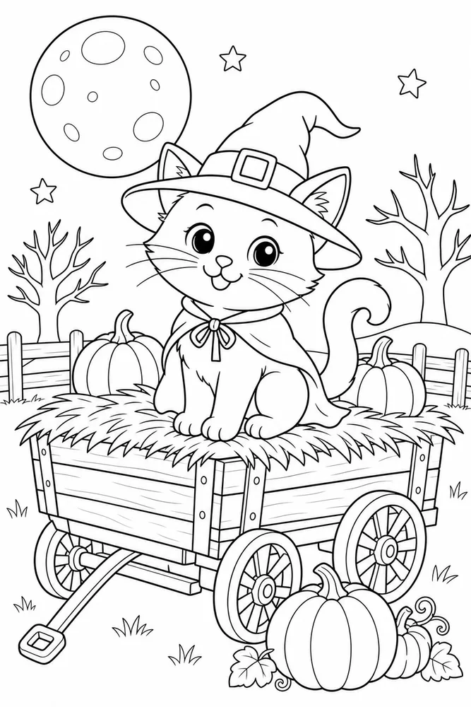Halloween Cat Moonlit Hayride printable coloring page for kids