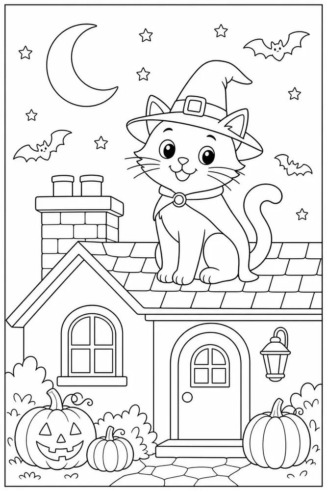 Halloween cat on a moonlit rooftop coloring page