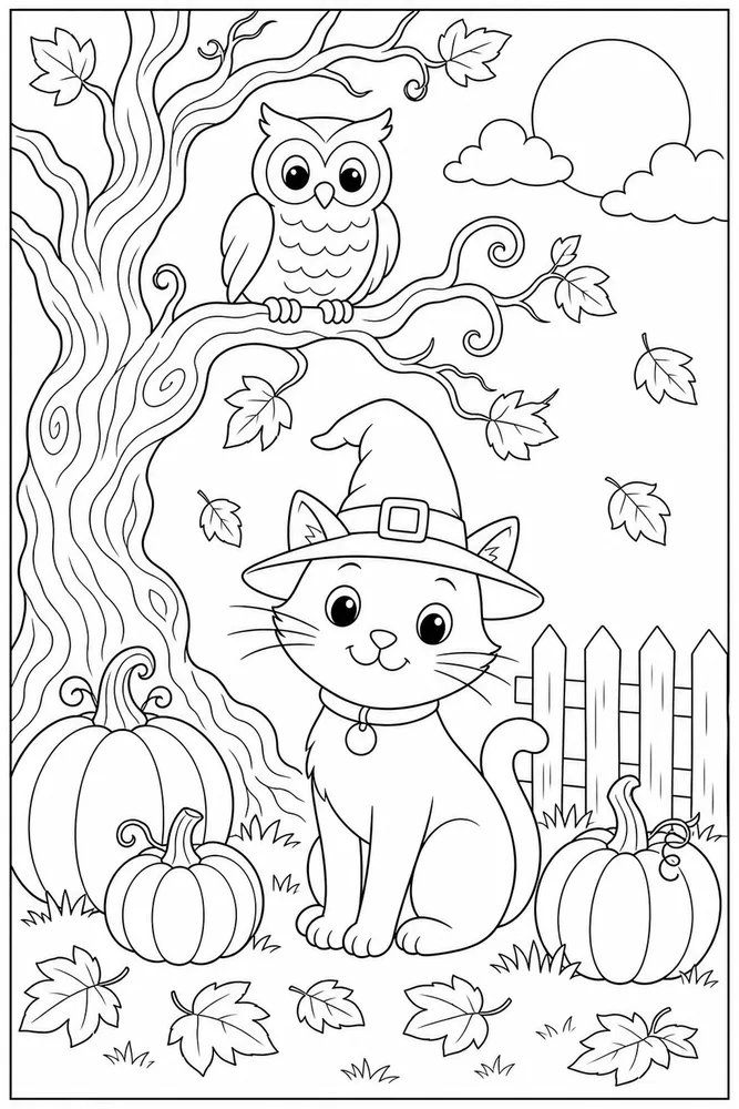 Halloween cat under a tree with an owl coloring page