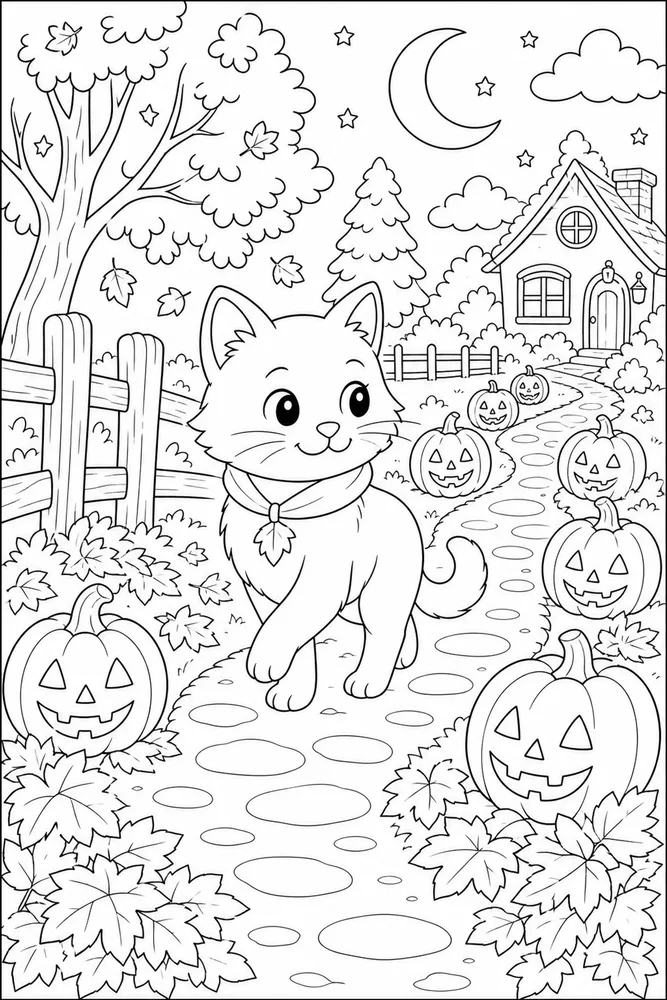 Halloween cat on a pumpkin lantern trail coloring page