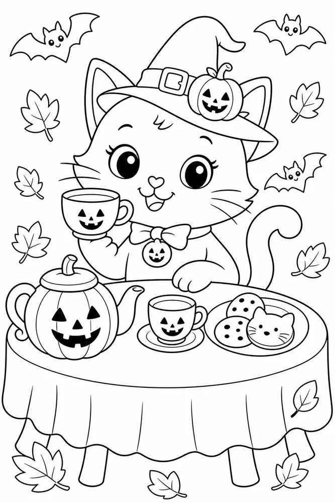 Halloween Cat Pumpkin Tea Party printable coloring page for kids