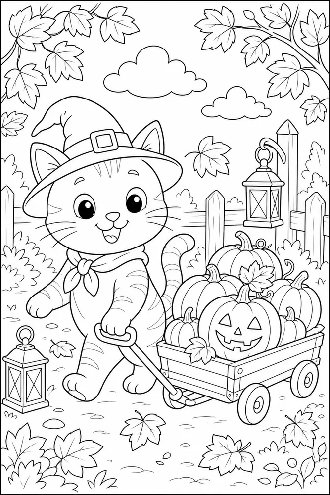 Halloween cat pulling a pumpkin wagon coloring page