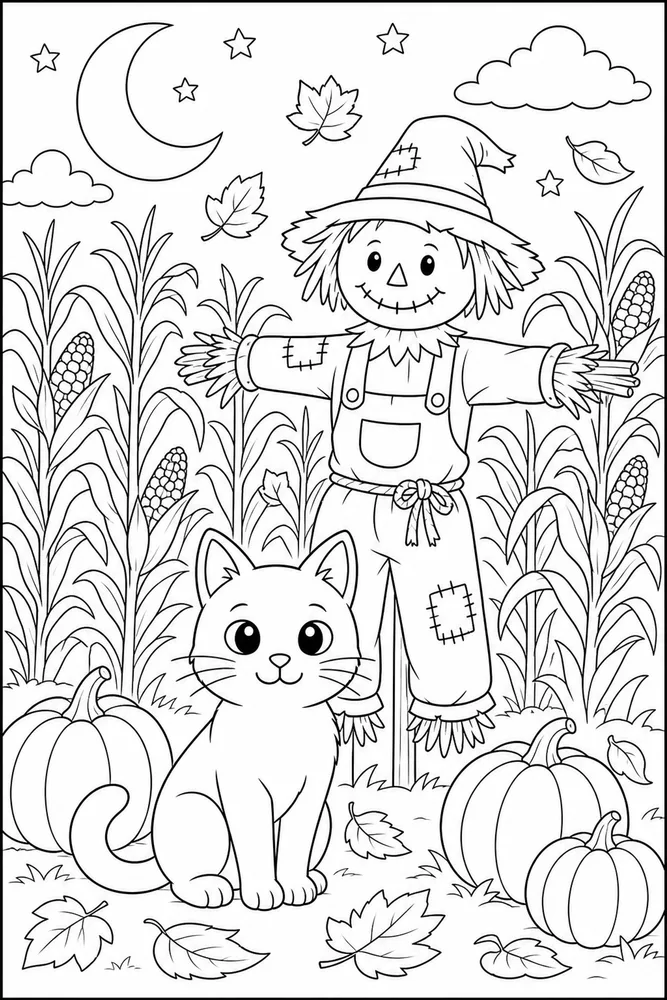 Halloween cat in a scarecrow field coloring page