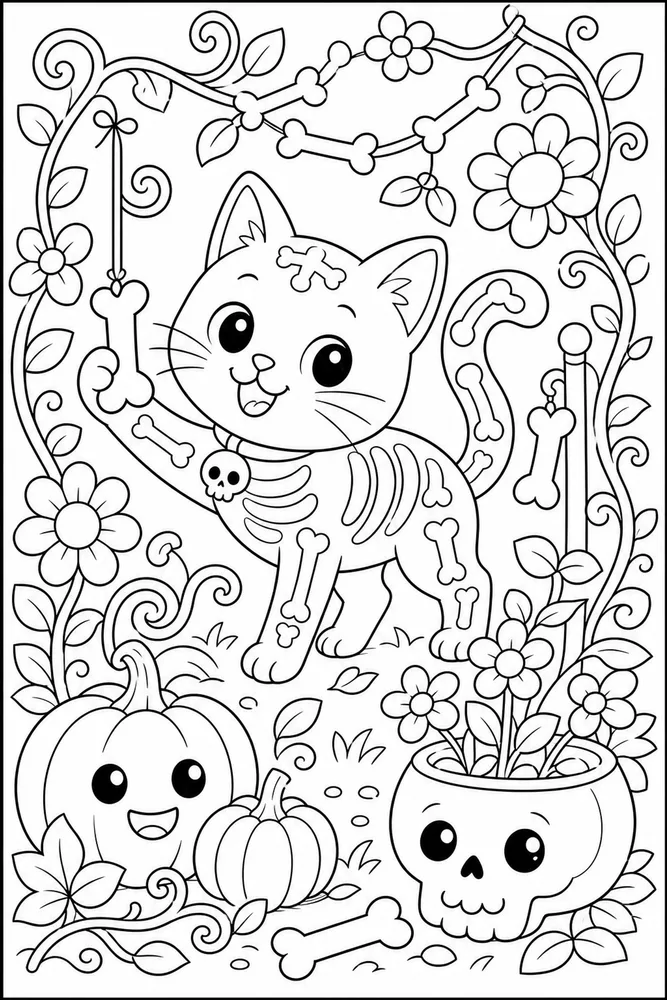 Halloween cat in a friendly skeleton garden coloring page