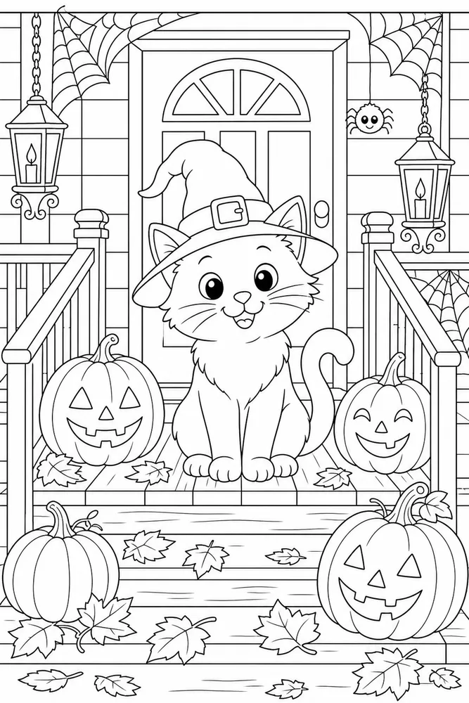 Halloween cat on a porch with spiderwebs coloring page