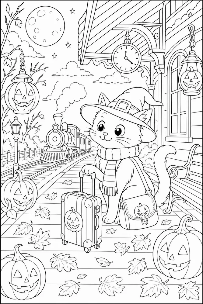 Halloween cat at a spooky train platform coloring page