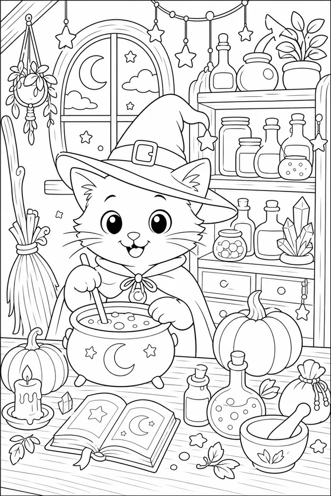 Halloween cat in a witch workshop coloring page