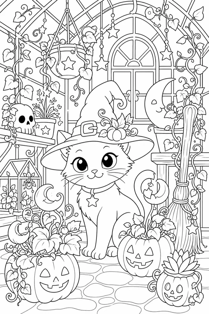 Halloween cat in a witchy greenhouse coloring page