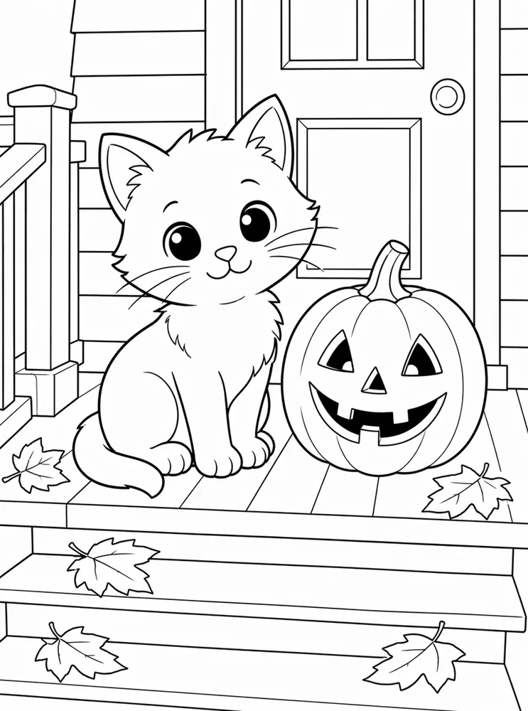 Halloween Kitten Pumpkin Porch coloring page preview