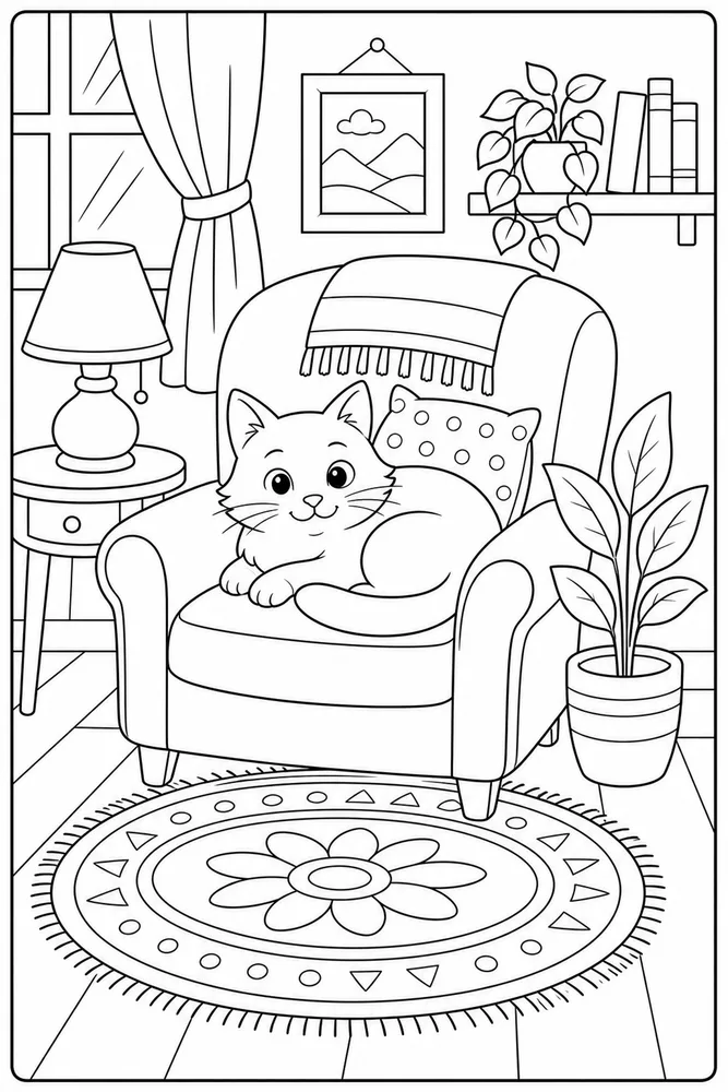 Cat curled on an armchair beside a rug coloring page
