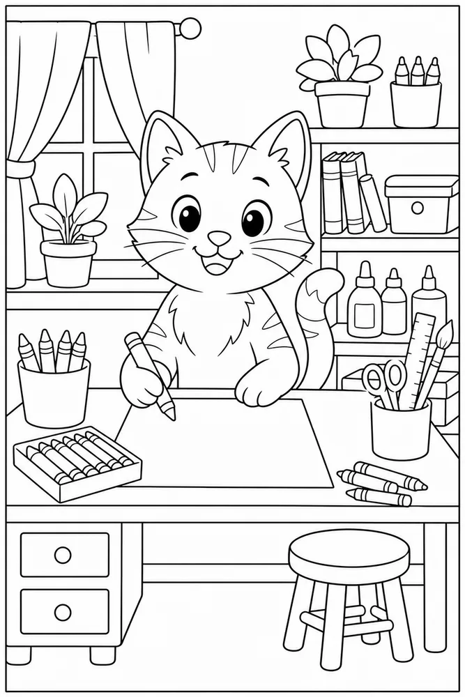 Cat at an indoor art desk coloring page