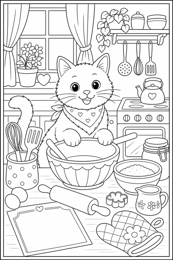 Cat near a baking counter with bowls coloring page