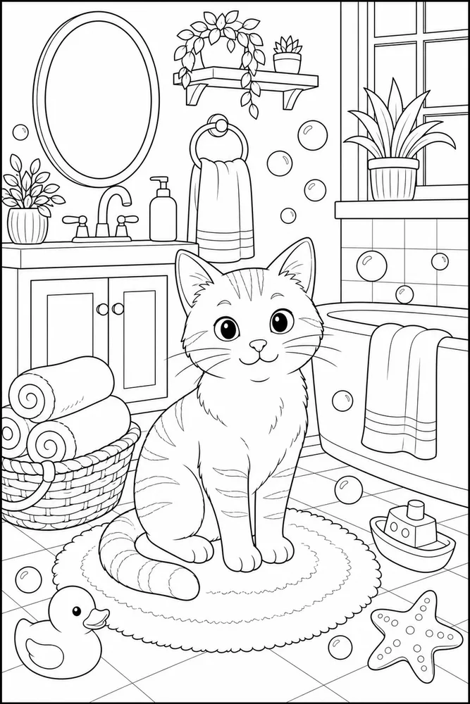 Cat on a bathroom mat beside towels coloring page