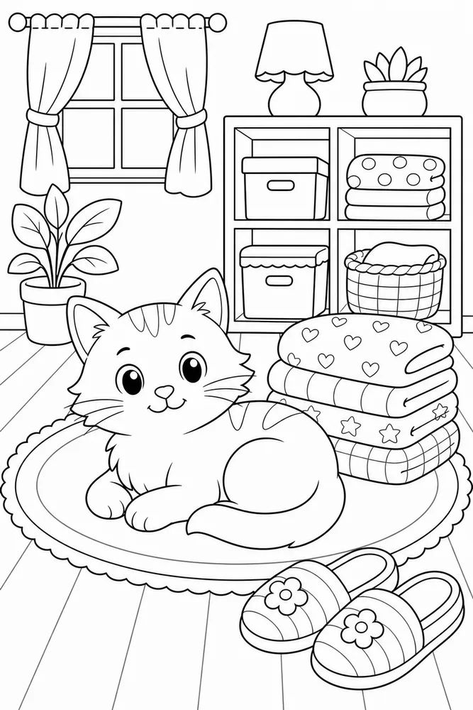 Cat near a stack of folded blankets coloring page