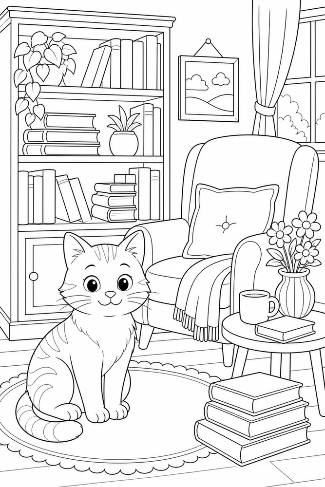 Cat beside a bookshelf corner coloring page
