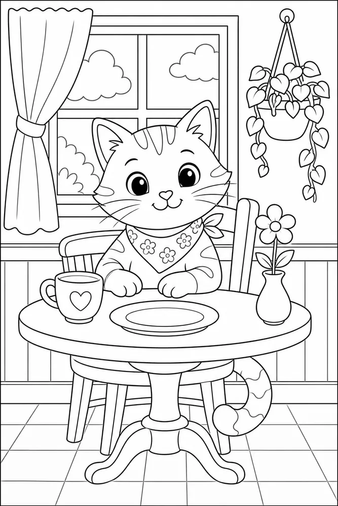 Cat at a small breakfast nook table coloring page