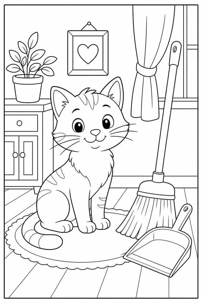 Cat beside a broom in a cleaning corner coloring page