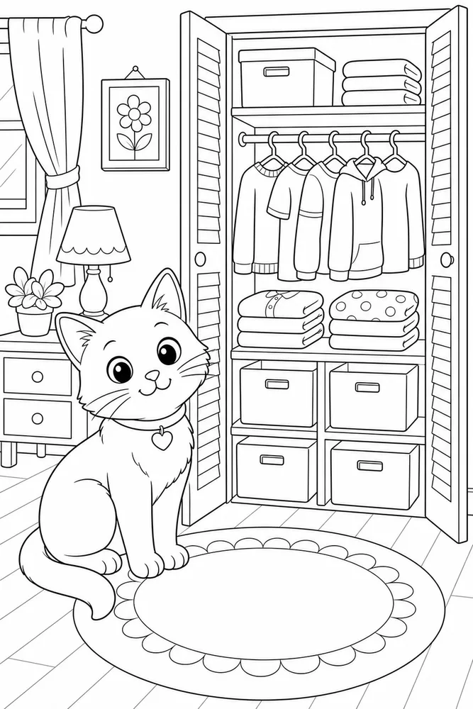 Cat beside an open closet shelf coloring page